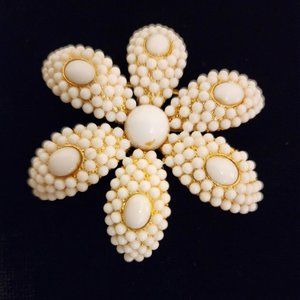 Vintage White Beaded Flower Brooch
